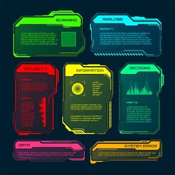 Futuristic HUD or UI elements. Sci-fi user interface text boxes, callouts Stockillustratie