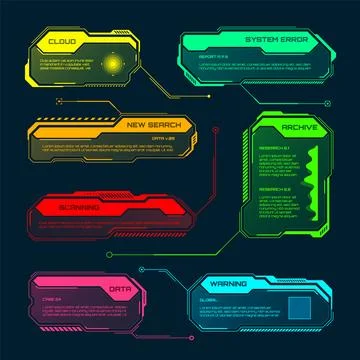 Futuristic HUD or UI elements. Sci-fi user interface text boxes, callouts Stock Illustration
