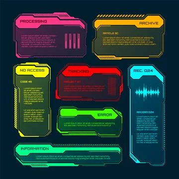 Futuristic HUD or UI elements. Sci-fi user interface text boxes, callouts Illustrazione stock