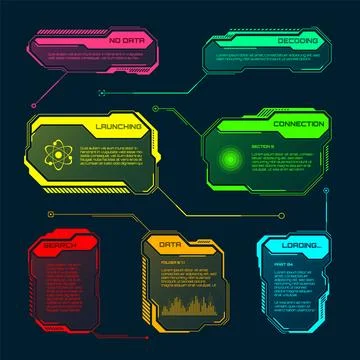 Futuristic HUD or UI elements. Sci-fi user interface text boxes, callouts Illustrazione stock