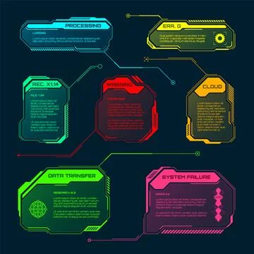 Futuristic HUD or UI elements. Sci-fi user interface text boxes, callouts Stock Illustration