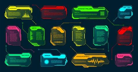 Futuristic HUD or UI elements. Sci-fi user interface text boxes, callouts Stock Illustration