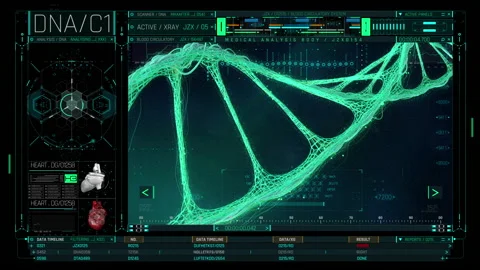 Futuristic HUD panel featuring a 3D DNA strand analysis along with heart Stock Footage 154225281