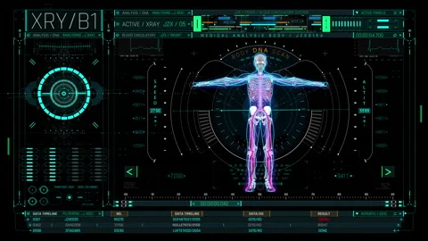 Futuristic HUD panel featuring a composited scan of the skeletal and Stock Footage 154225289