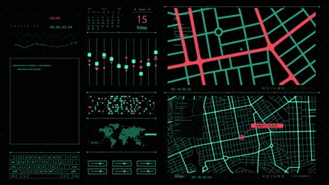 Futuristic HUD panel tracking a moving target through a city, with Video stock 138917301