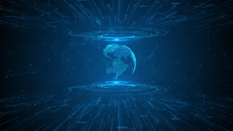 Futuristic HUD planet Earth digital globe glowing data rings, tech lines, hex Stock Footage 314202919