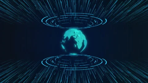 Futuristic HUD planet Earth digital globe glowing tech lines Stock Footage 338377819