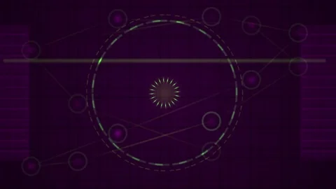 Futuristic Hud Radar Interface with Moving Network Nodes on Purple Grid Stockbeeldmateriaal 343699051