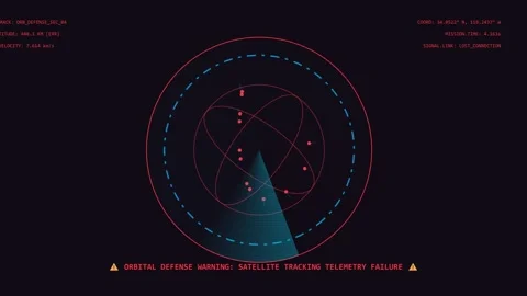 Futuristic HUD radar interface tracking satellite telemetry with orbital defense Stock Footage 344514022
