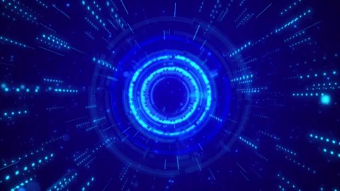 Futuristic HUD ring portal visual bright blue circular interface, rushing data p Stock Footage 340526416