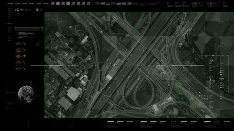 A futuristic HUD satellite locks onto a sprawling web of expressway junctions Video stock 306680848