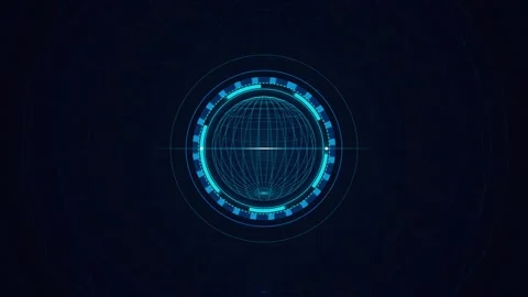 Futuristic HUD Sci-Fi Wireframe Globe with Rotating Circular Interface Loop Stock Footage 342300399