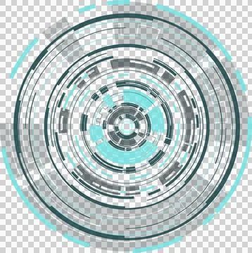 Futuristic HUD showing segmented concentric rings, radial lines, data blocks, Illustrazione stock