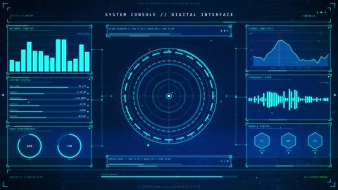 Futuristic HUD System Console Digital Interface with Glowing Data Charts Stock Footage 341677060