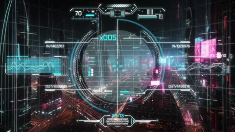 Futuristic HUD targeting system scanning the Dubai skyline at night Видео 316652851