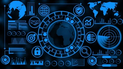 Futuristic HUD Tech Dashboard with Digital Globe Stock Footage 340593383