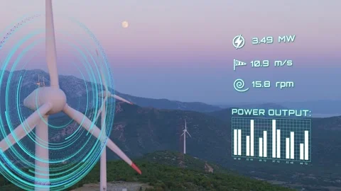 Futuristic HUD telemetry graphics overlaid on a spinning wind turbine during Stock Footage 341868673