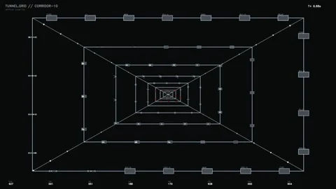 Futuristic HUD Tunnel Grid with Telemetry Data and Technical Digital Readouts Video stock 334109109