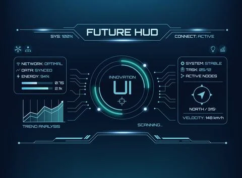 Futuristic HUD user interface with glowing blue digital elements, including.. Stock Illustration