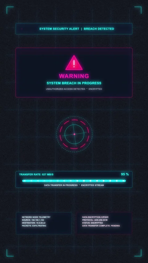 Futuristic HUD warning screen loop with glitch effect and neon interface Stock Footage 346643871