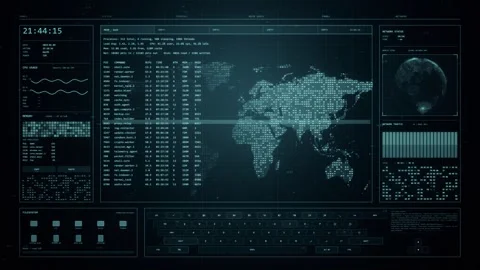 Futuristic HUD World Map Interface with Digital Data Screen Stock Footage 341667507