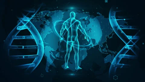 Futuristic Human Anatomy Surrounded by DNA Helix on World Map Background 스톡 동영상 344111757