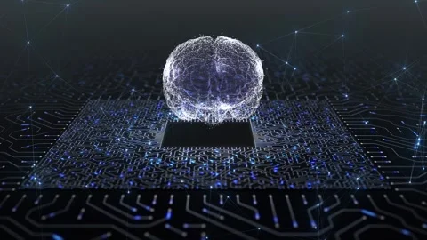 Futuristic human brain chip motion on computer motherboard circuits backgrou Stock Footage 341898988