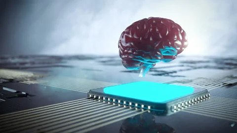 Futuristic human brain on computer chip. Neuro interface concept video 3d render Stock Footage 138225686