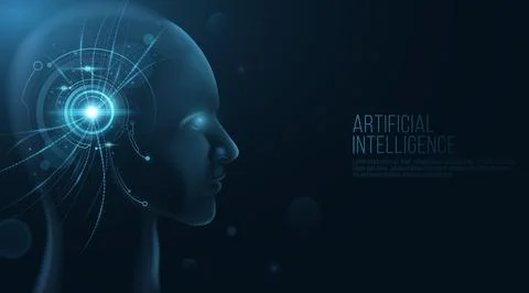 Futuristic human face model with HUD interface on his head. Artificial Intell Stock Illustration