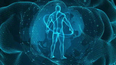 Futuristic Human Figure in Digital Blue Holographic World of Networks 스톡 동영상 344111772