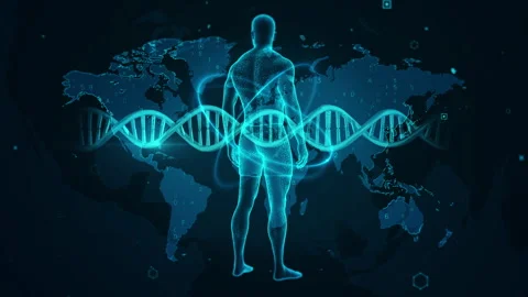 Futuristic Human Figure with DNA Helix on World Map Background Visualization 스톡 동영상 343840704
