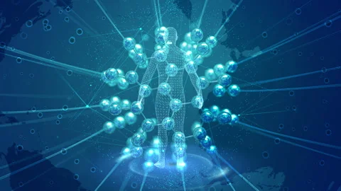 Futuristic Human Figure Surrounded by Digital Spheres in Blue Cybernetic Worl Stock Footage 339051496