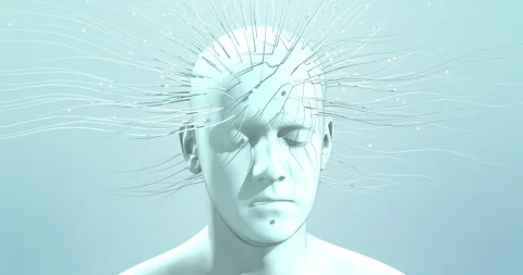 Futuristic human head connected with data cables and glowing wires. Stock Footage 318608445