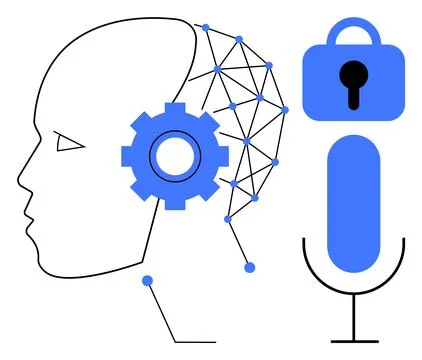 Futuristic Human Head with Data Connectivity, Security, and Microphone Concep Stock Illustration