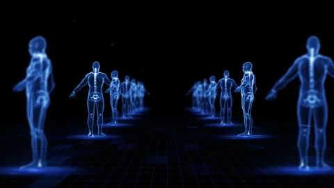 Futuristic Human Holograms Aligned in a Surreal Digital Landscape Stock Footage 339052443