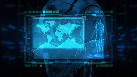 Futuristic Human Interface with World Map and Data Analysis 2020-2034 Stock Footage 339130898