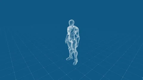 Futuristic Human Robot in Digital 3D Model Standing on Blue Grid Background Stock Footage 342234768