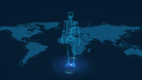 Futuristic Human Skeleton Hologram on World Map Background in Blue Hue Stock Footage 341377339