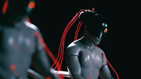 Futuristic humanoid android connected with red cables in dark laboratory. 3d Stock Footage 348572149