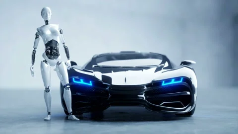 Futuristic humanoid female robot and sci fi car. Realistic motion and Stock Footage
