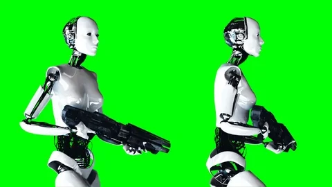 Futuristic humanoid female robot is walking with gun . Realistic motion and Vidéo 82711725