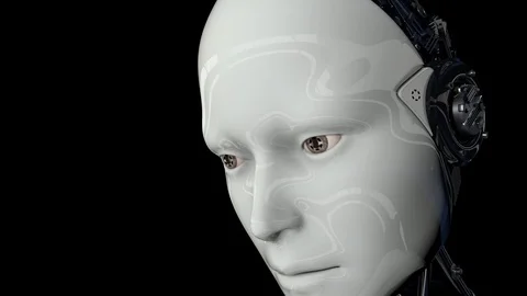 Futuristic humanoid robot is activated, moves its head, eyes and scans the Stock-Footage 130075117