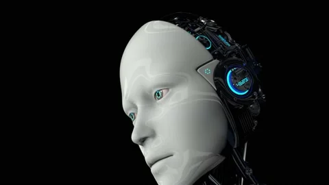 Futuristic humanoid robot is activated, moves its head, eyes and scans the 스톡 동영상 133200082