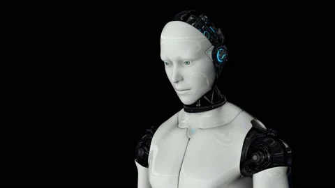 Futuristic humanoid robot is activated, moves its head, eyes and scans the Stock Footage 133200172