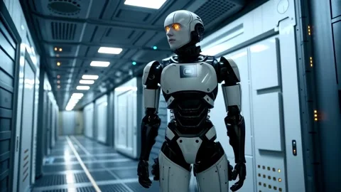 A futuristic humanoid robot adorned with sleek black and white armor stands in a Stock Footage 295337565