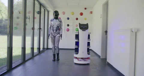 Futuristic humanoid robot and service robot standing in a bright corridor Stockbeeldmateriaal 329487381