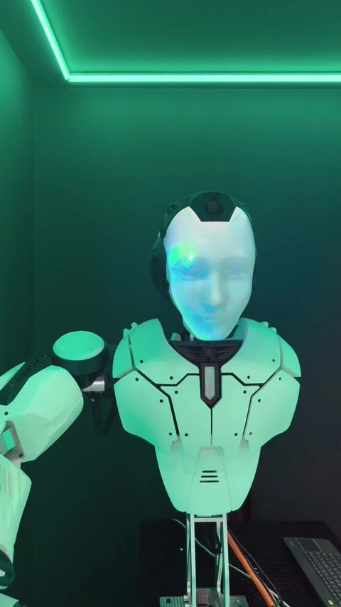 Futuristic humanoid robot with animated human-like face and mechanical arms Stock Footage 324689073
