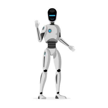 Futuristic humanoid robot flat vector illustration. Smiling cybernetic organism Stock Illustration