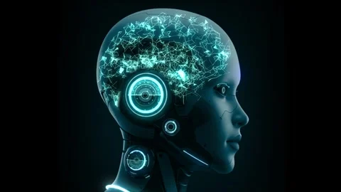 Futuristic humanoid robot head with illuminated AI brain circuitry. Stock Footage 314887566