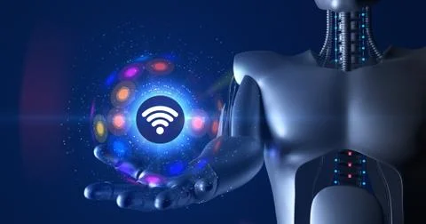 Futuristic humanoid robot holding 3d wireless symbol. Technology 3D Render. Illustrazione stock